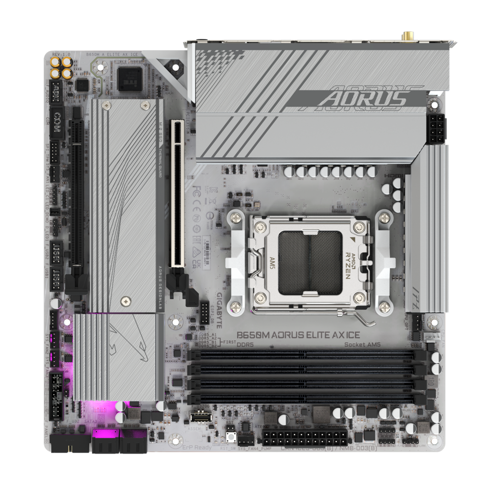 GIGABYTE B650M AORUS ELITE AX ICE AMD Socket AM5/ICE Series/Wi-Fi 6E/DDR5 Support/NVMe SSD Ready/2.5GbE LAN MATX Gaming Motherboard