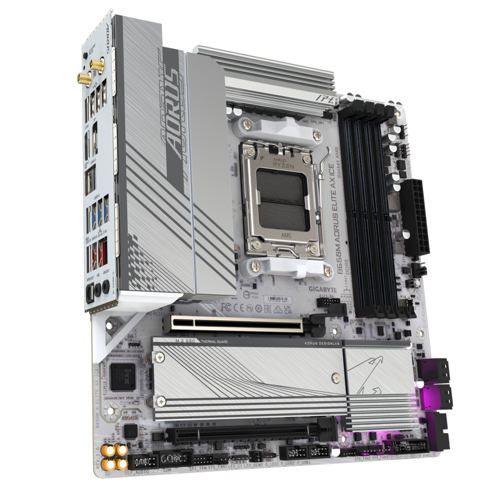 GIGABYTE B650M AORUS ELITE AX ICE AMD Socket AM5/ICE Series/Wi-Fi 6E/DDR5 Support/NVMe SSD Ready/2.5GbE LAN MATX Gaming Motherboard
