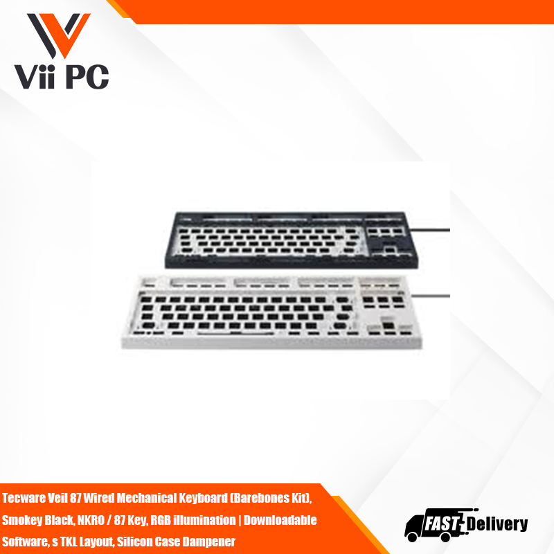 Tecware Veil 87 Wired Mechanical Keyboard (Barebones Kit), Smokey Black, NKRO / 87 Key, RGB illumination | Downloadable Software, s TKL Layout, Silicon Case Dampener, Modular Kailh Switch Sockets
