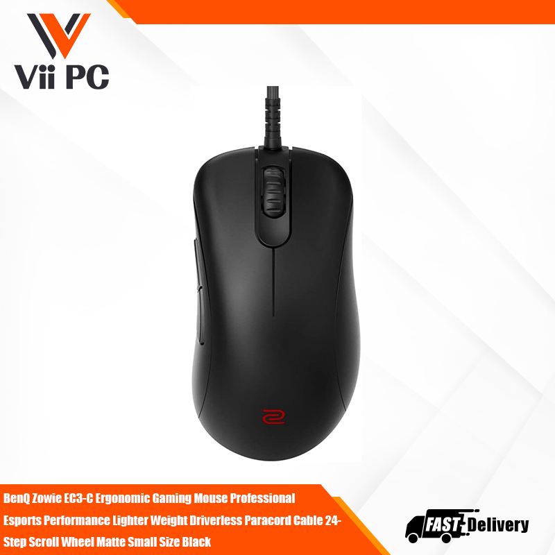 BenQ Zowie EC3-C Ergonomic Gaming Mouse Professional Esports Performance Lighter Weight Driverless Paracord Cable 24-Step Scroll Wheel Matte Small Size Black