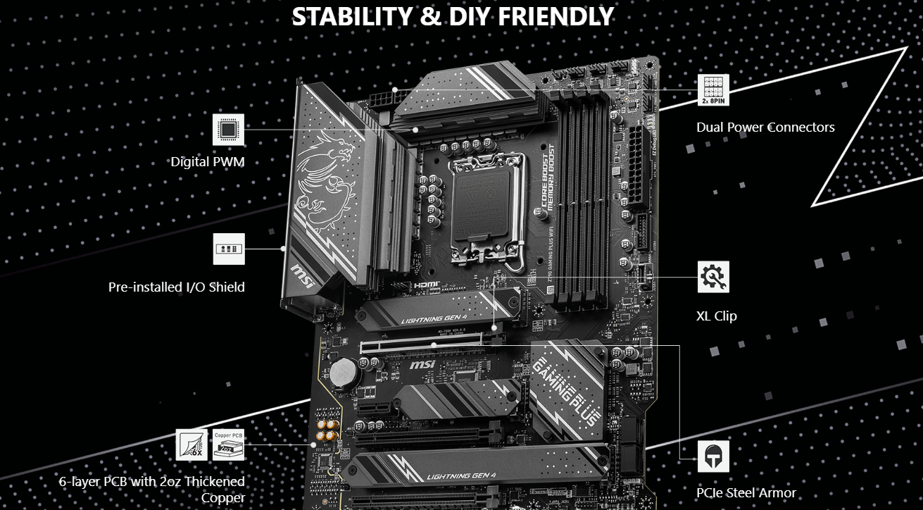 MSI Z790 GAMING PLUS WIFI 6E DDR5 PCIe 5.0, Lightning Gen 4 x4 M.2 with M.2 Shield Frozr LGA 1700 ATX Motherboard
