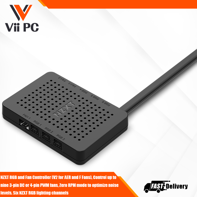 NZXT RGB and Fan Controller (V2 for AER and F Fans), Control up to nine 3-pin DC or 4-pin PWM fans, Zero RPM mode to optimize noise levels. Six NZXT RGB lighting channels, up to 40 individually addressable LEDs per channel.