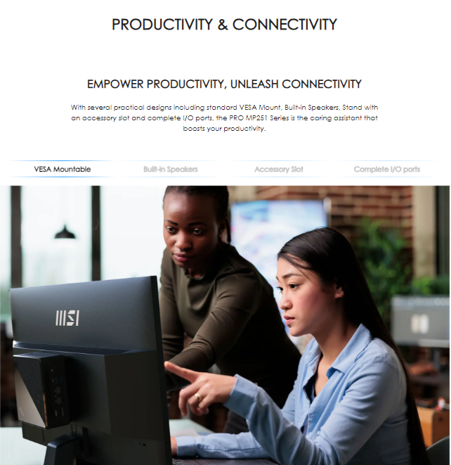 MSI PRO MP251 Business Productivity Monitor - 24.5" FHD, Flatscreen, IPS Panel, 100hz, 1ms(MPRT), Built-in Speaker, EyesErgo Tech