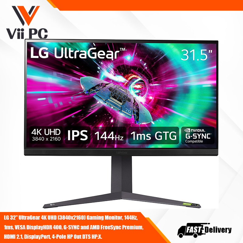 LG 32" UltraGear 4K UHD (3840x2160) Gaming Monitor, 144Hz, 1ms, VESA DisplayHDR 400, G-SYNC and AMD FreeSync Premium, HDMI 2.1, DisplayPort, 4-Pole HP Out DTS HP:X, Tilt/Height/Pivot Stand, Black