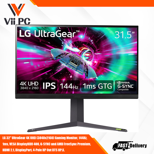 LG 32" UltraGear 4K UHD (3840x2160) Gaming Monitor, 144Hz, 1ms, VESA DisplayHDR 400, G-SYNC and AMD FreeSync Premium, HDMI 2.1, DisplayPort, 4-Pole HP Out DTS HP:X, Tilt/Height/Pivot Stand, Black