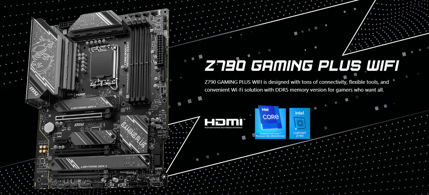 MSI Z790 GAMING PLUS WIFI 6E DDR5 PCIe 5.0, Lightning Gen 4 x4 M.2 with M.2 Shield Frozr LGA 1700 ATX Motherboard