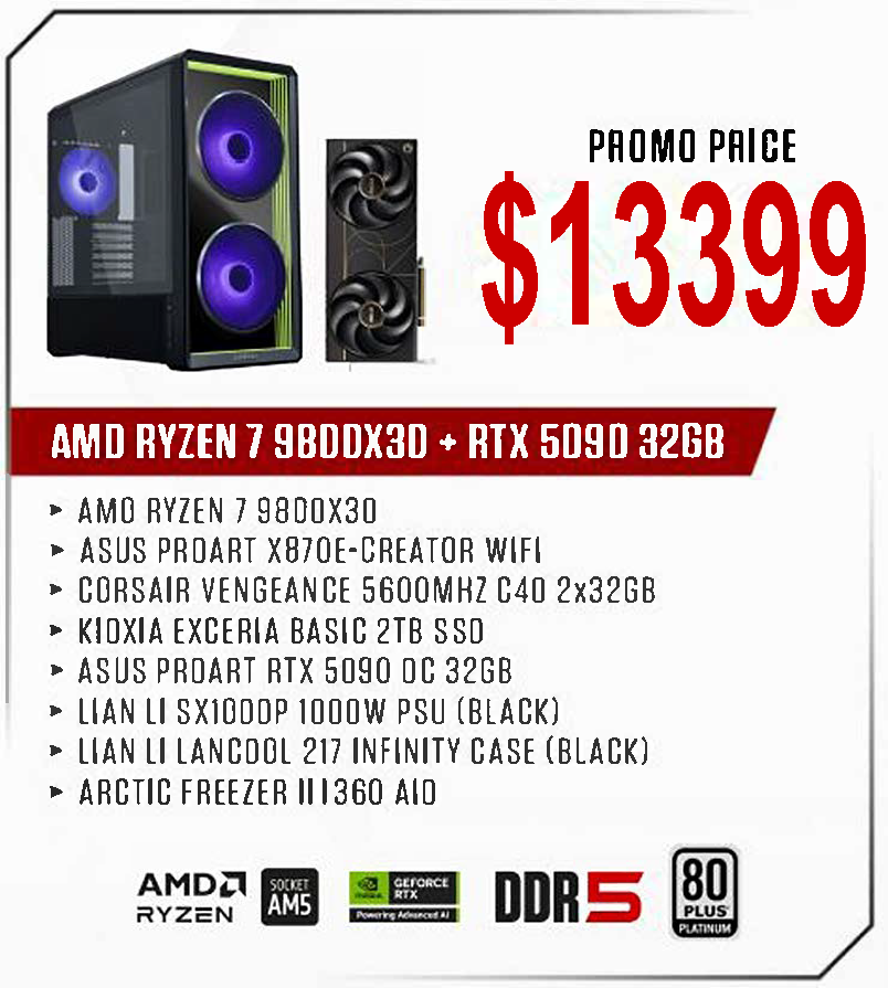 ViiPER Custom Gaming PC - AMD RYZEN 7 9800X3D+ ASUS PROART X870E-CREATOR WIFI + ASUS PROART RTX 5090 OC 32GB
