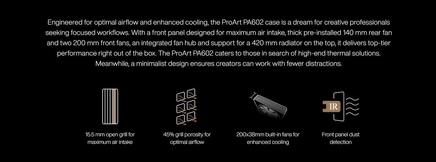 ASUS ProArt PA602 E-ATX Mid Tower - 420mm radiator support, one 140mm and two 200mm pre-installed system fans