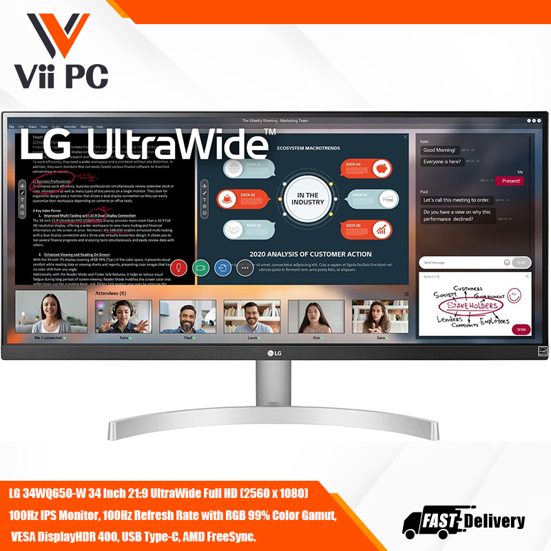 LG 34WQ650-W 34 Inch 21:9 UltraWide Full HD (2560 x 1080) 100Hz IPS Monitor, 100Hz Refresh Rate with RGB 99% Color Gamut, VESA DisplayHDR 400, USB Type-C, AMD FreeSync, Tilt/Height Adjustable Stand