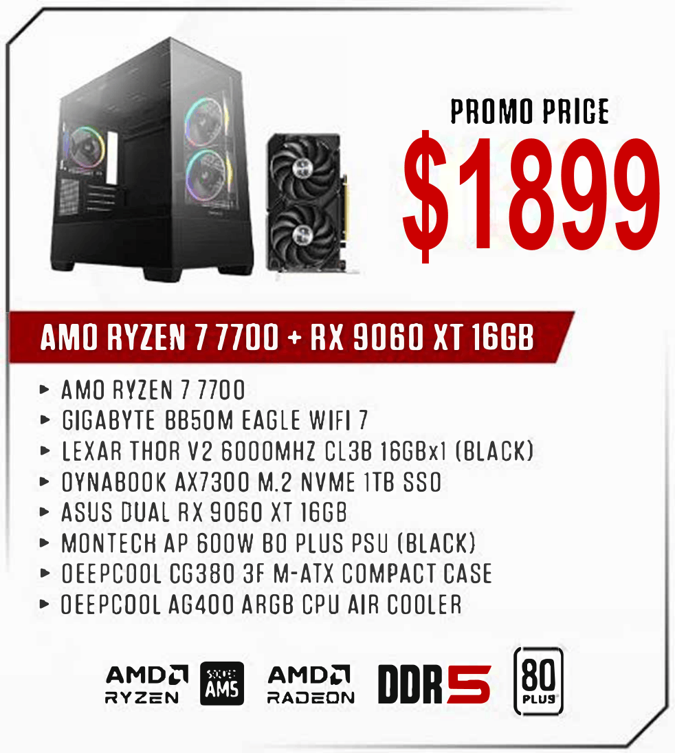 ViiPER Custom Gaming PC - AMD RYZEN 7 7700 + ASUS TUF GAMING B650EM-E WIFI + ASUS DUAL RX 9060XT 16GB