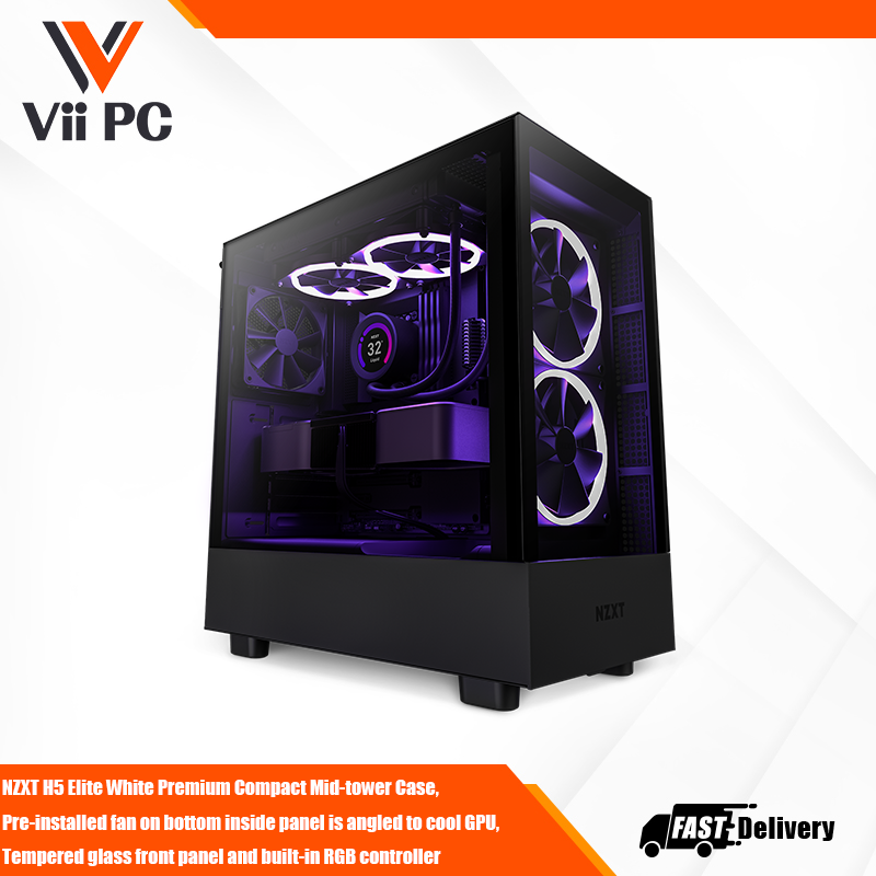 NZXT H5 Elite White Premium Compact Mid-tower Case, Pre-installed fan on bottom inside panel is angled to cool GPU, Tempered glass front panel and built-in RGB controller