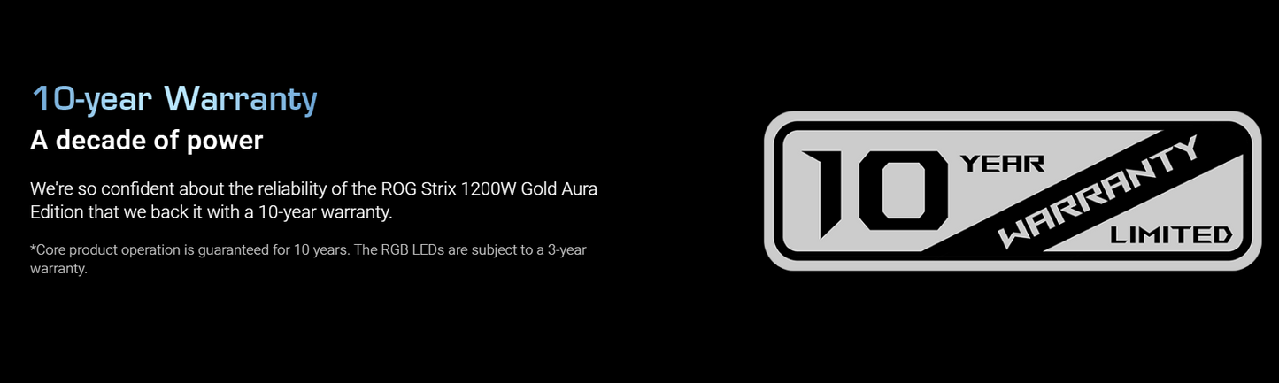 ASUS ROG Strix 1200W Gold Aura Edition Fully Modular Power Supply 80 Plus® Gold Certified - ATX 3.0, Cybenetics Lambda A+ Certification ,PCIe Gen 5.0 Ready, Axial-tech Fan, Aura Sync (10 Year Warranty)