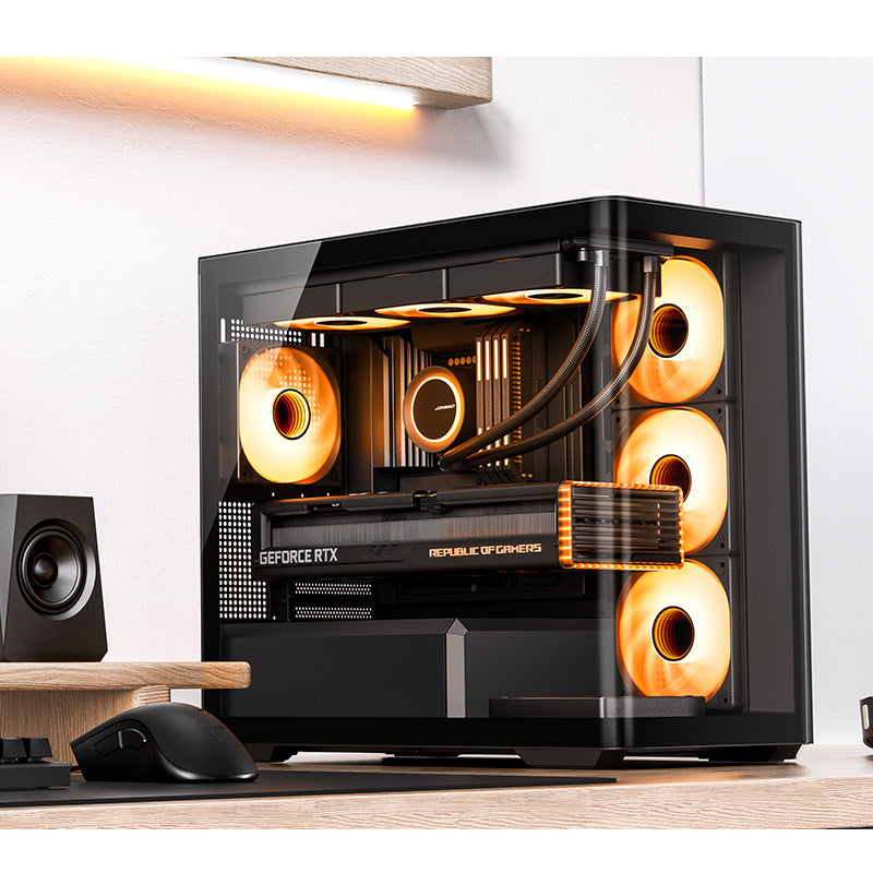 JONSBO D300 Large Micro-ATX BLACK/WHITE TOWER CASING - One-piece Glass Panel AO270 Deg View , MATX Back Plug-in BTF MB, Support 360 AIO, Support 40-series GPU, No Fans Included
