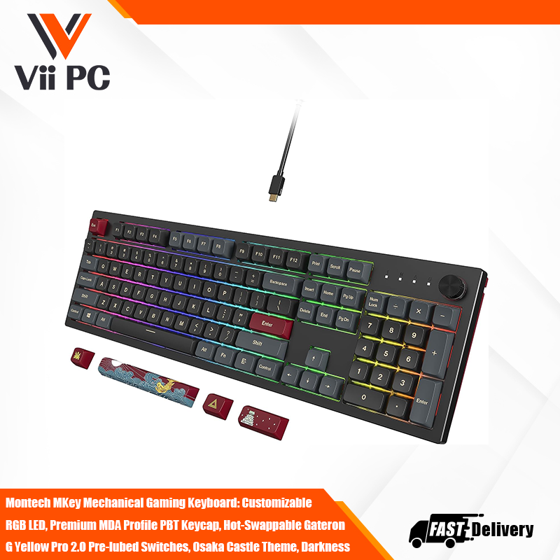Montech MKey Mechanical Gaming Keyboard: Customizable RGB LED, Premium MDA Profile PBT Keycap, Hot-Swappable Gateron G Yellow Pro 2.0 Pre-lubed Switches, Osaka Castle Theme, Darkness
