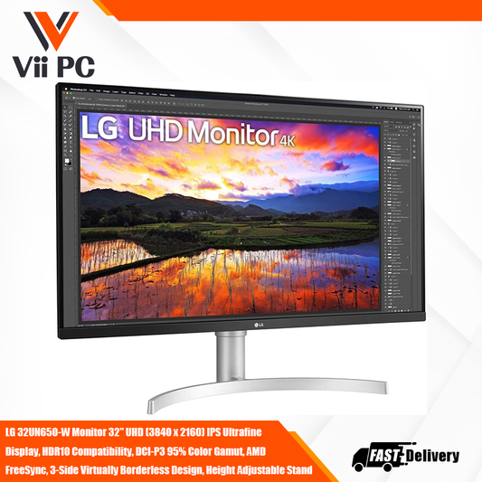 LG 32UN650-W Monitor 32" UHD (3840 x 2160) IPS Ultrafine Display, HDR10 Compatibility, DCI-P3 95% Color Gamut, AMD FreeSync, 3-Side Virtually Borderless Design, Height Adjustable Stand