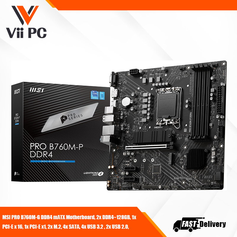 MSI PRO B760M-G DDR4 mATX Motherboard, 2x DDR4~128GB, 1x PCI-E x 16, 1x PCI-E x1, 2x M.2, 4x SATA, 4x USB 3.2 , 2x USB 2.0,