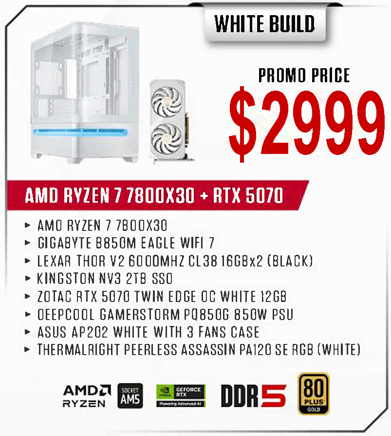 ViiPER Custom Gaming PC - AMD RYZEN 7 7800X3D + GIGABYTE B850M EAGLE WIFI 7 + ZOTAC RTX 5070 TWIN EDGE OC 12GB WHITE