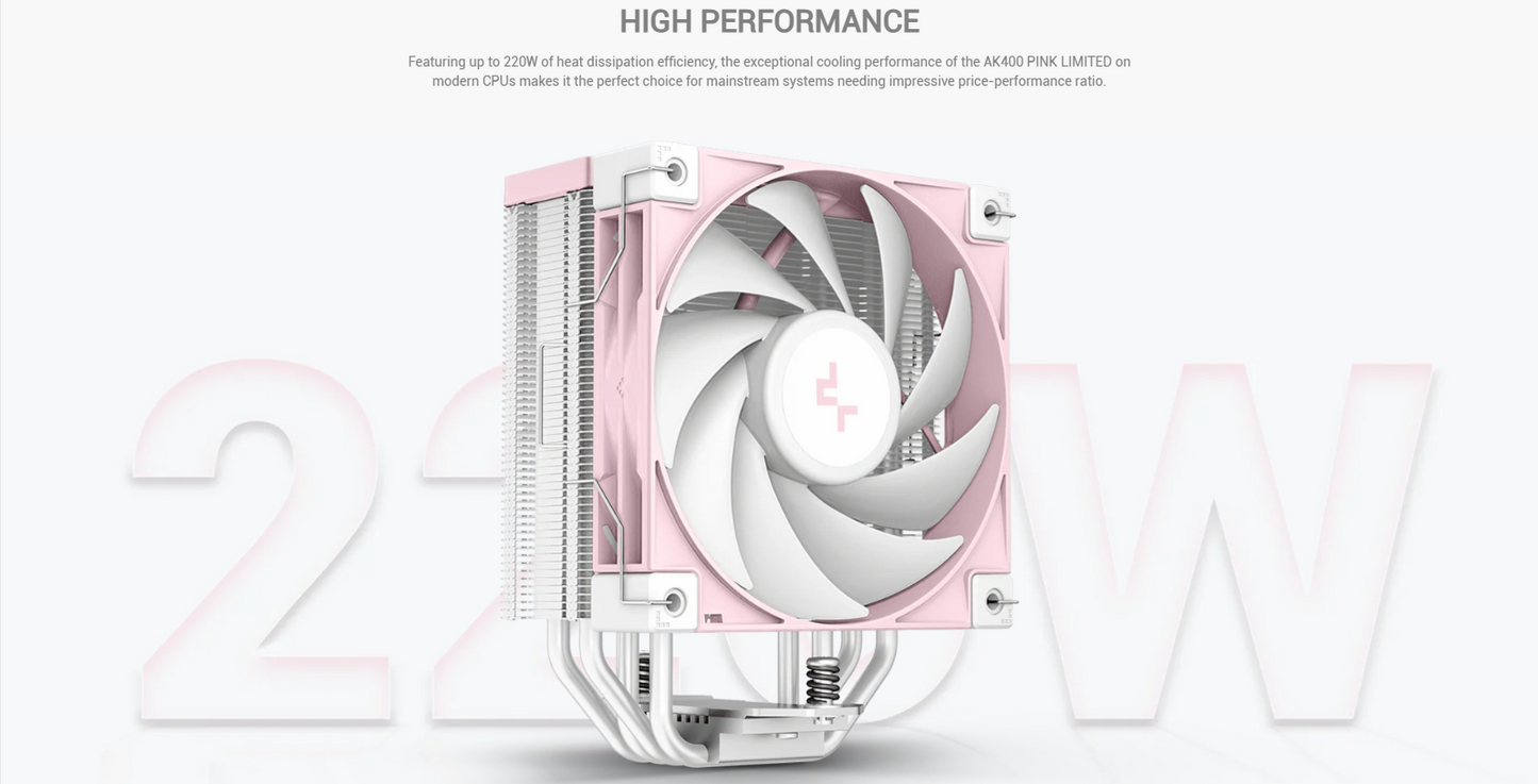 DeepCool AK400 PINK LIMITED CPU Cooler - 4 x 6mm Heatpipe Tower Cooler, Fluid Dynamic Bearing Fan, 220W TDP