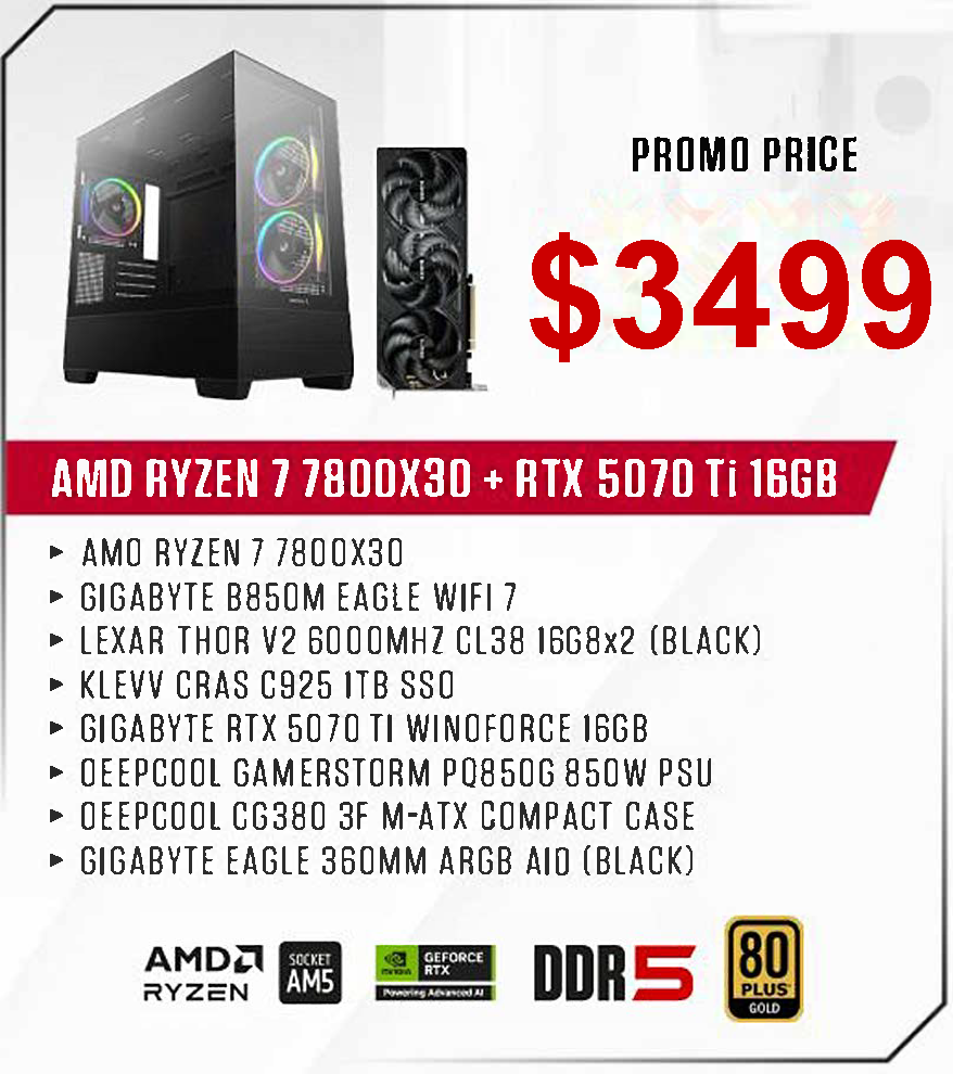 ViiPER Custom Gaming PC - AMD RYZEN 7 7800X3D + GIGABYTE B850M EAGLE WIFI 7+ GIGABYTE RTX5070 TI WINDFORCE 16GB