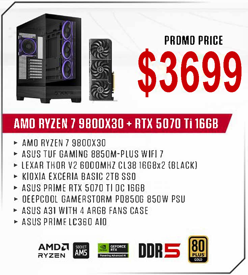 ViiPER Custom Gaming PC - AMD RYZEN 7 9800X3D + ASUS TUF GAMING B850M-PLUS WIFI 7+ ASUS PRIME RTX 5070 Ti OC 16GB