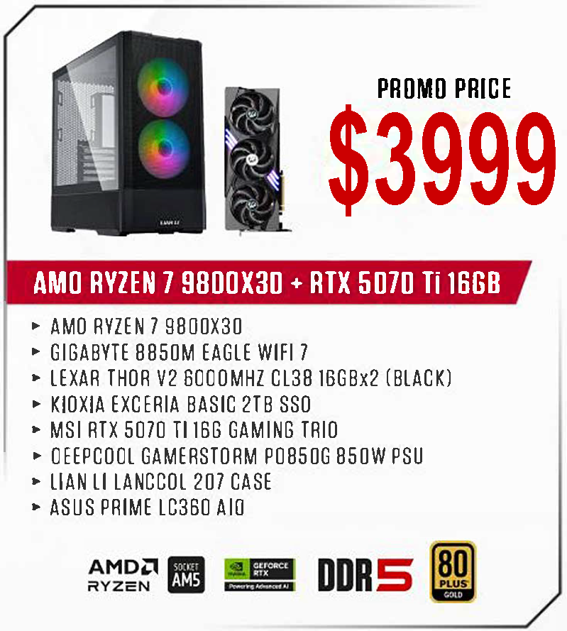 ViiPER Custom Gaming PC - AMD RYZEN 7 9800X3D + GIGABYTE B850M EAGLE WIFI 7+ MSI RTX5070 Ti 16GB GAMING TRIO