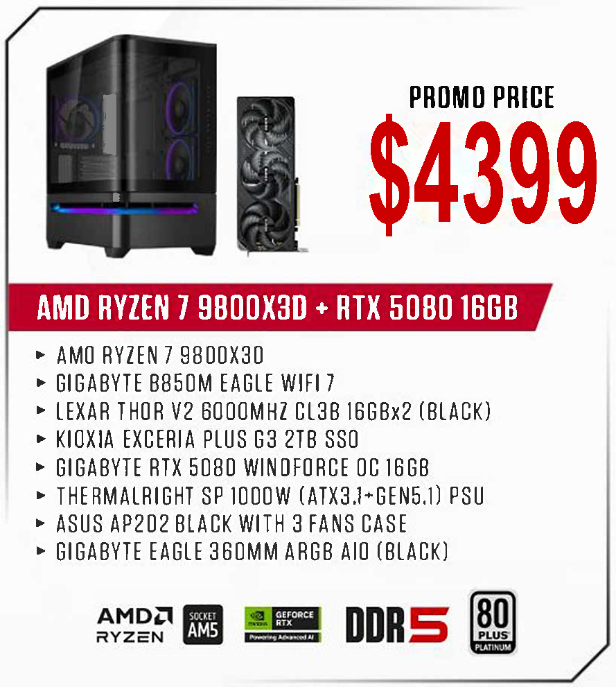 ViiPER Custom Gaming PC - AMD RYZEN 7 9800X3D + GIGABYTE B850M EAGLE WIFI 7+ GIGABYTE RTX5080 WINDORCE OC 16GB
