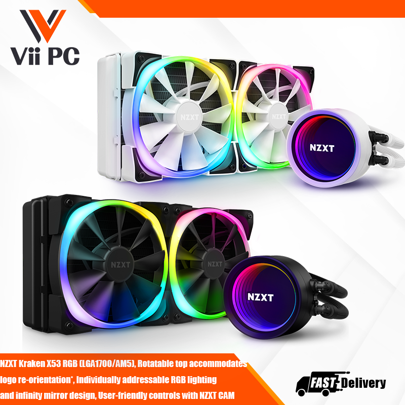 NZXT Kraken X53 RGB (LGA1700/AM5), Rotatable top accommodates logo re-orientation*, Individually addressable RGB lighting and infinity mirror design, User-friendly controls with NZXT CAM