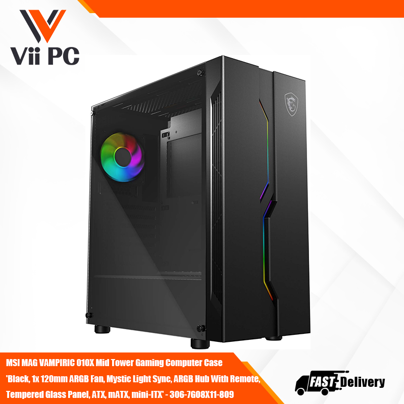 MSI MAG VAMPIRIC 010X Mid Tower Gaming Computer Case 'Black, 1x 120mm ARGB Fan, Mystic Light Sync, ARGB Hub With Remote, Tempered Glass Panel, ATX, mATX, mini-ITX' - 306-7G08X11-809