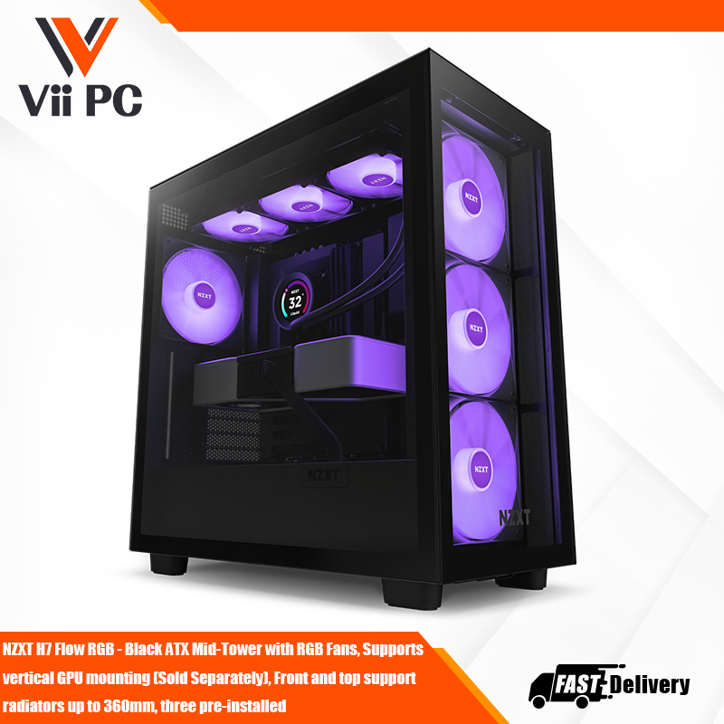 NZXT H7 Flow RGB - Black ATX Mid-Tower with RGB Fans, Supports vertical GPU mounting (Sold Separately), Front & top support radiators up to 360mm, three pre-installed F140 RGB Core fans (Case Version) & one F120Q Quiet Airflow fan (Case Version)