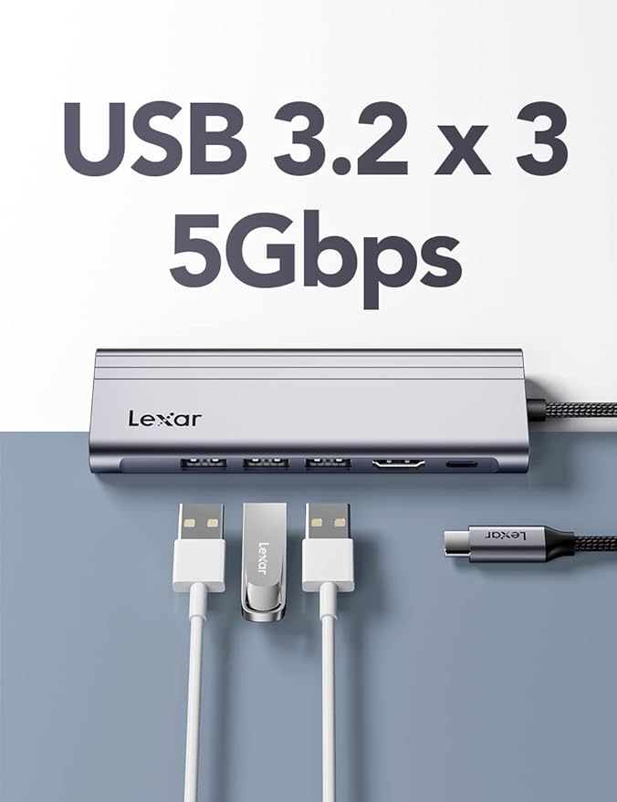 Lexar H31 7-in-1 USB-C Hub - 4K@60Hz HDMI 2.0, 100W USB-C PD charging port, 3 USB-A ports and SD/microSD™ card slots (Compatible with Laptop/Tablet/Smartphone)