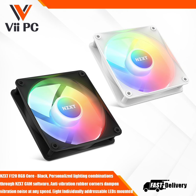 NZXT F120 RGB Core - Black, Personalized lighting combinations through NZXT CAM software. Anti-vibration rubber corners dampen vibration noise at any speed. Eight Individually addressable LEDs mounted on the fan hub are perfectly diffused