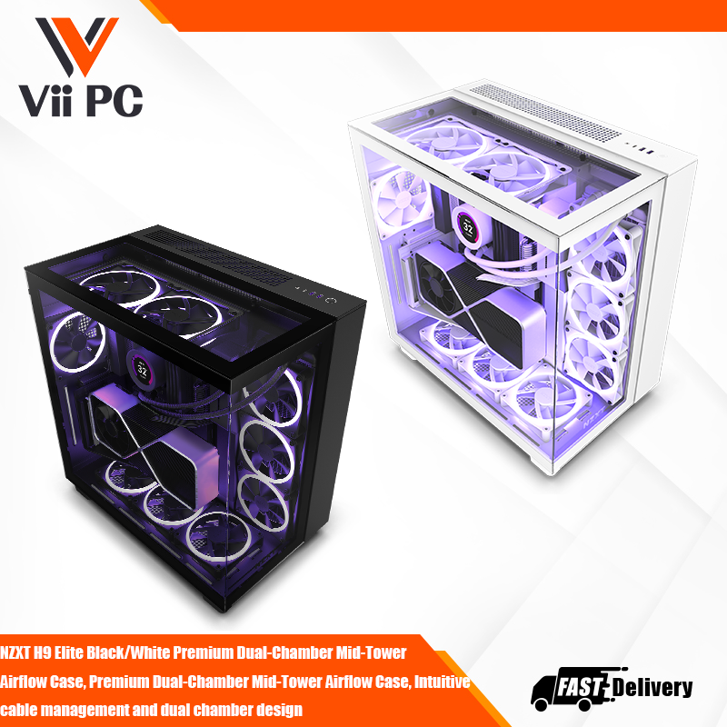 NZXT H9 Elite Black/White Premium Dual-Chamber Mid-Tower Airflow Case, Premium Dual-Chamber Mid-Tower Airflow Case, Intuitive cable management and dual chamber design, Room for ten fans or three 360mm Radiators