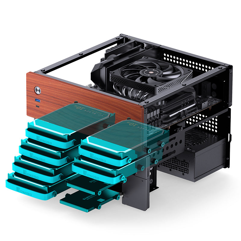 JONSBO N4 ITX/M-ATX BLACK Walnut Wood NAS MINI Chassis Case - MATX MB support, 2.5"SSD*2/3.5"HDD*6(4 hot-swap,2 non hot-swap), 8-Drive Bay, USB 3.2 Gen2 Type-C, 1x120mm Fan built-in