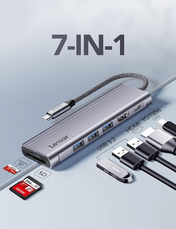 Lexar H31 7-in-1 USB-C Hub - 4K@60Hz HDMI 2.0, 100W USB-C PD charging port, 3 USB-A ports and SD/microSD™ card slots (Compatible with Laptop/Tablet/Smartphone)