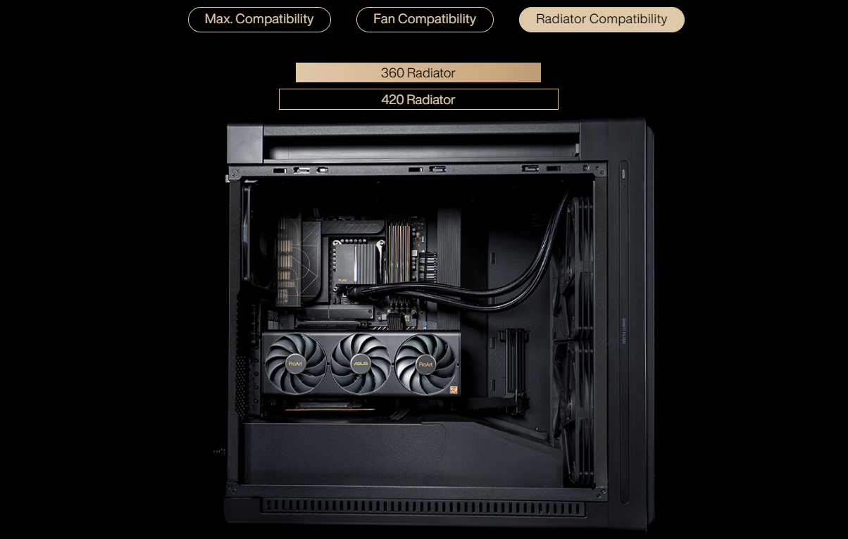 ASUS ProArt PA602 E-ATX Mid Tower - 420mm radiator support, one 140mm and two 200mm pre-installed system fans