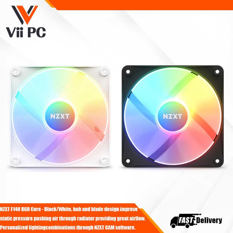 NZXT F140 RGB Core - Black/White, hub and blade design improve static pressure pushing air through radiator providing great airflow. Personalized lightingcombinations through NZXT CAM software.