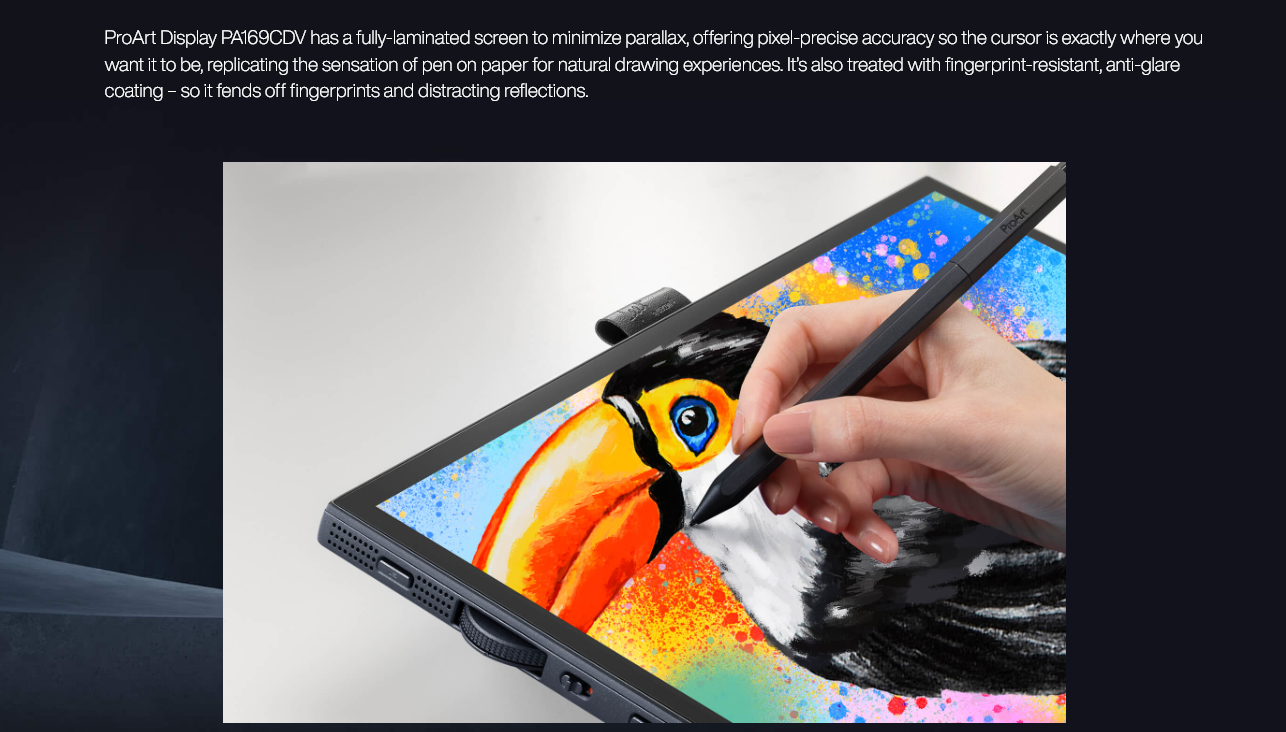ASUS ProArt PA169CDV Pen Display 15.6" IPS, 4K UHD (3840x2160), WACOM EMR, 100% sRGB, Color Accuracy ΔE<2, Calman Verified, PANTONE Validated, USB-C, 10-point Touch, ASUS Dial, Control Panel