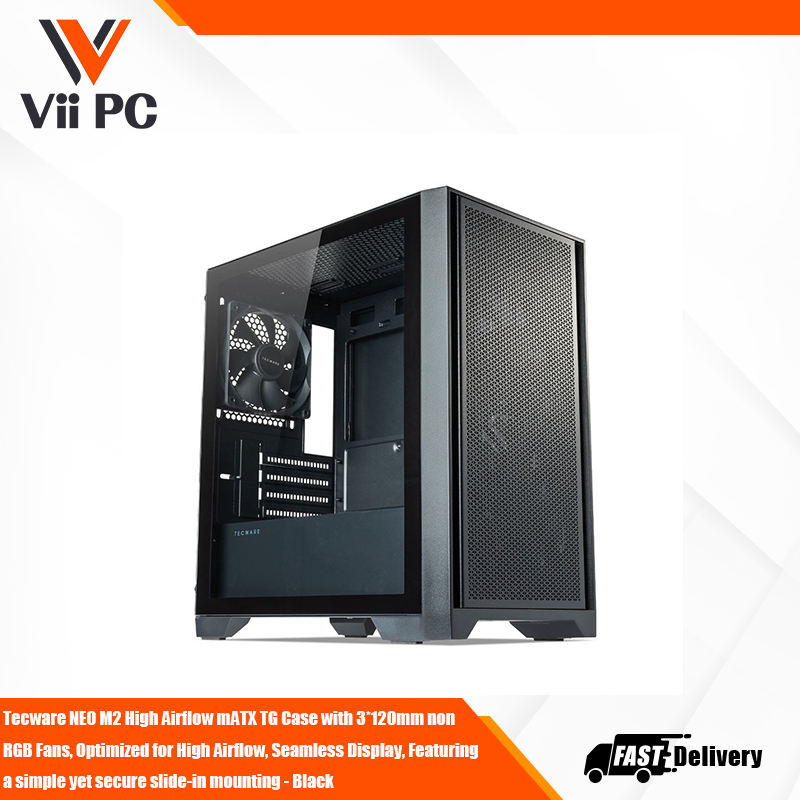 TECWARE NEO M2 High Airflow mATX TG Case with 3*120mm non RGB Fans, Optimized for High Airflow, Seamless Display, Featuring a simple yet secure slide-in mounting - Black