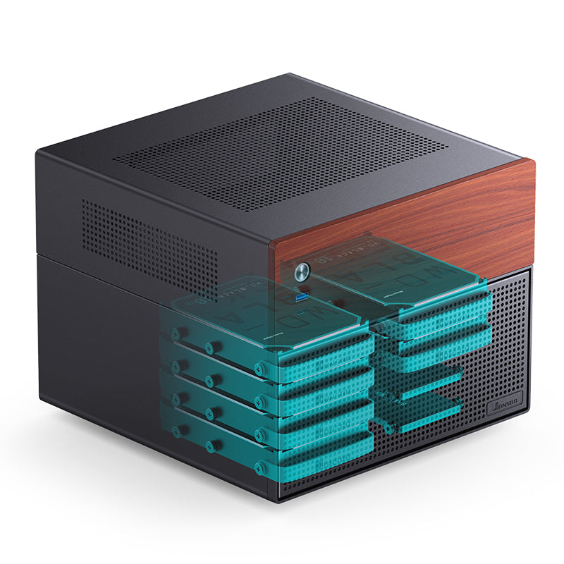 JONSBO N4 ITX/M-ATX BLACK Walnut Wood NAS MINI Chassis Case - MATX MB support, 2.5"SSD*2/3.5"HDD*6(4 hot-swap,2 non hot-swap), 8-Drive Bay, USB 3.2 Gen2 Type-C, 1x120mm Fan built-in