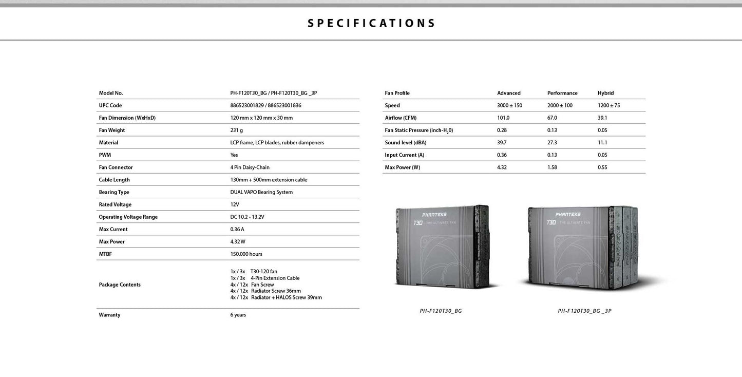 PHANTEKS T30 120mm PWM Triple-Mode Premium Fan 1Fan/3Fans BLACK