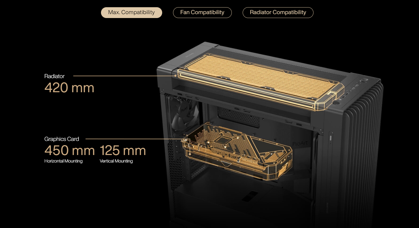 ASUS ProArt PA602 E-ATX Mid Tower - 420mm radiator support, one 140mm and two 200mm pre-installed system fans