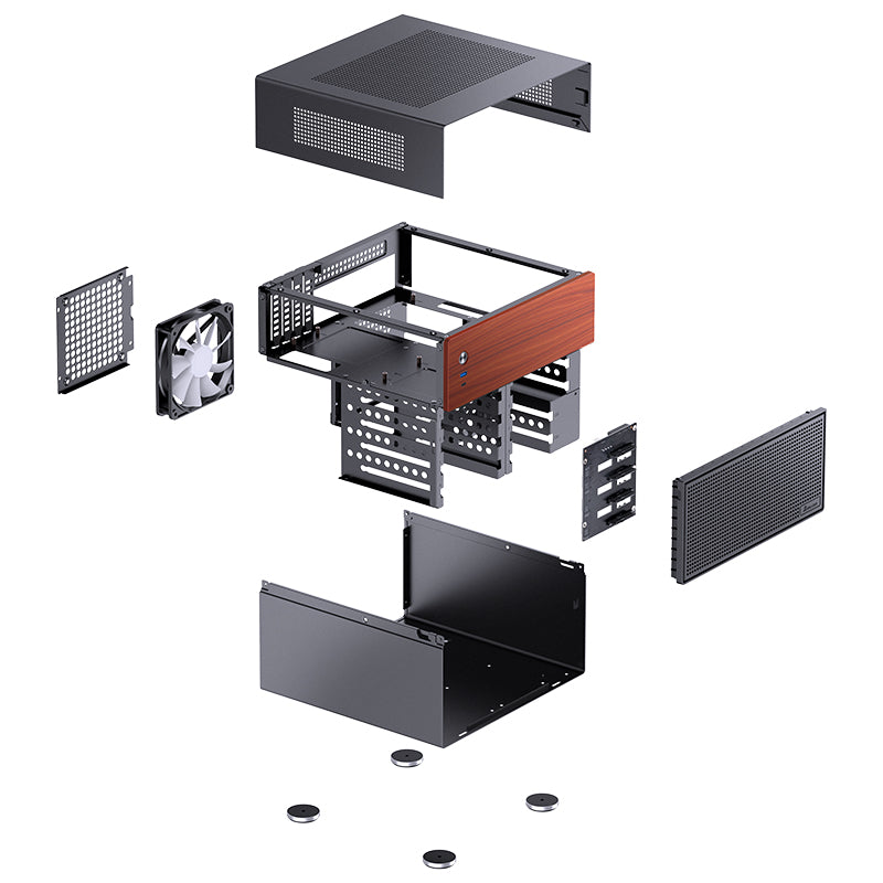 JONSBO N4 ITX/M-ATX BLACK Walnut Wood NAS MINI Chassis Case - MATX MB support, 2.5"SSD*2/3.5"HDD*6(4 hot-swap,2 non hot-swap), 8-Drive Bay, USB 3.2 Gen2 Type-C, 1x120mm Fan built-in