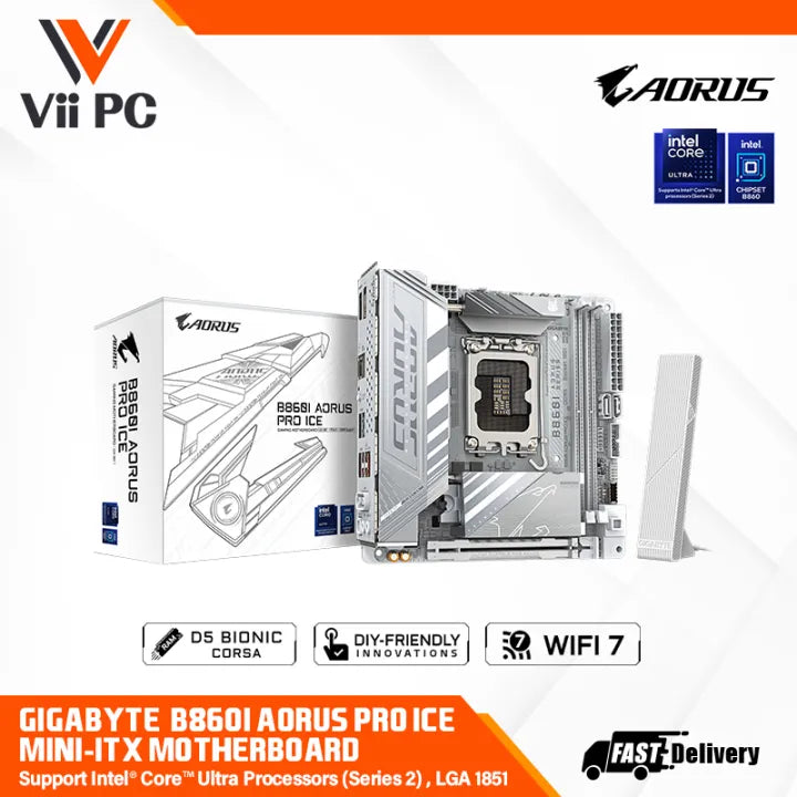GIGABYTE B860I AORUS PRO ICE INTEL LGA 1851 DDR5 WIFI7 PCIE 5.0 SLOT 2.5 GB LAN ITX GAMING MOTHERBOARD
