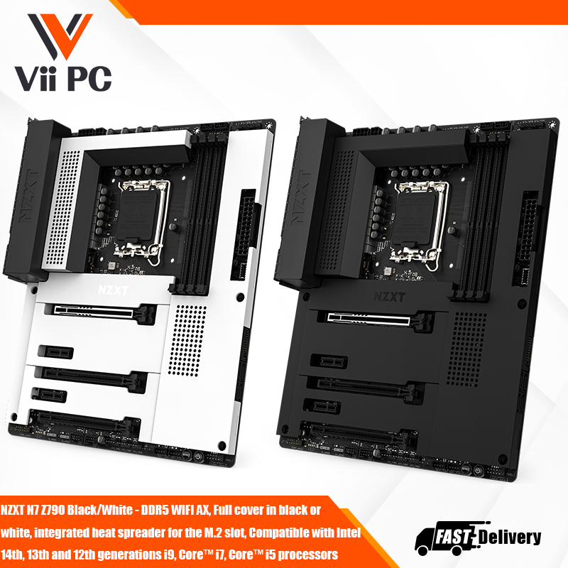 NZXT N7 Z790 Black/White - DDR5 WIFI AX, Full cover in black or white, integrated heat spreader for the top-most M.2 slot, Compatible with Intel® 14th, 13th and 12th Generation Core™ i9, Core™ i7, Core™ i5 processors
