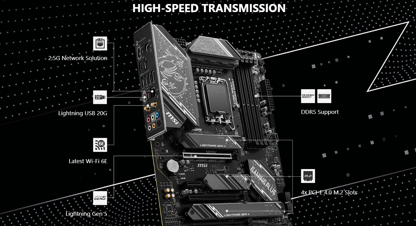 MSI Z790 GAMING PLUS WIFI 6E DDR5 PCIe 5.0, Lightning Gen 4 x4 M.2 with M.2 Shield Frozr LGA 1700 ATX Motherboard