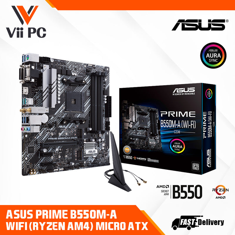 ASUS PRIME B550M-A WiFi II DDR4 AMD B550 (Ryzen AM4) micro ATX motherboard with dual M.2, PCIe 4.0, Intel® WiFi 6, 1 Gb Ethernet, HDMI/D-Sub/DVI, SATA 6 Gbps, USB 3.2 Gen 2 Type-A, and Aura Sync RGB headers support