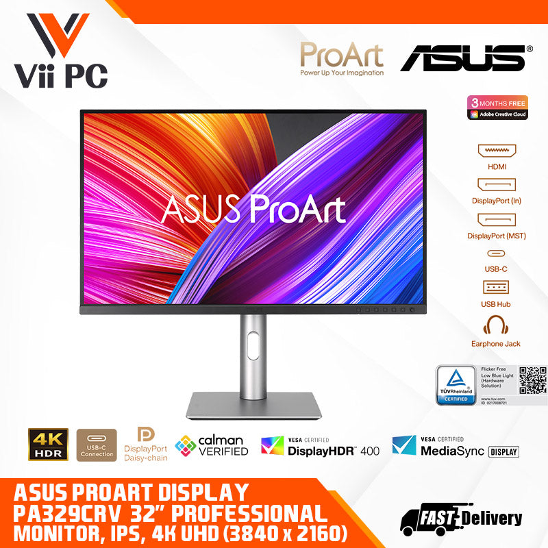ASUS ProArt Display PA329CRV Professional Monitor - 32" IPS, 4K UHD (3840x2160), 98% DCI-P3, Color Accuracy ΔE<2, Calman Verified, USB-C PD 96W, VESA DisplayHDR 400, VESA MediaSync, Ergonomic Stand