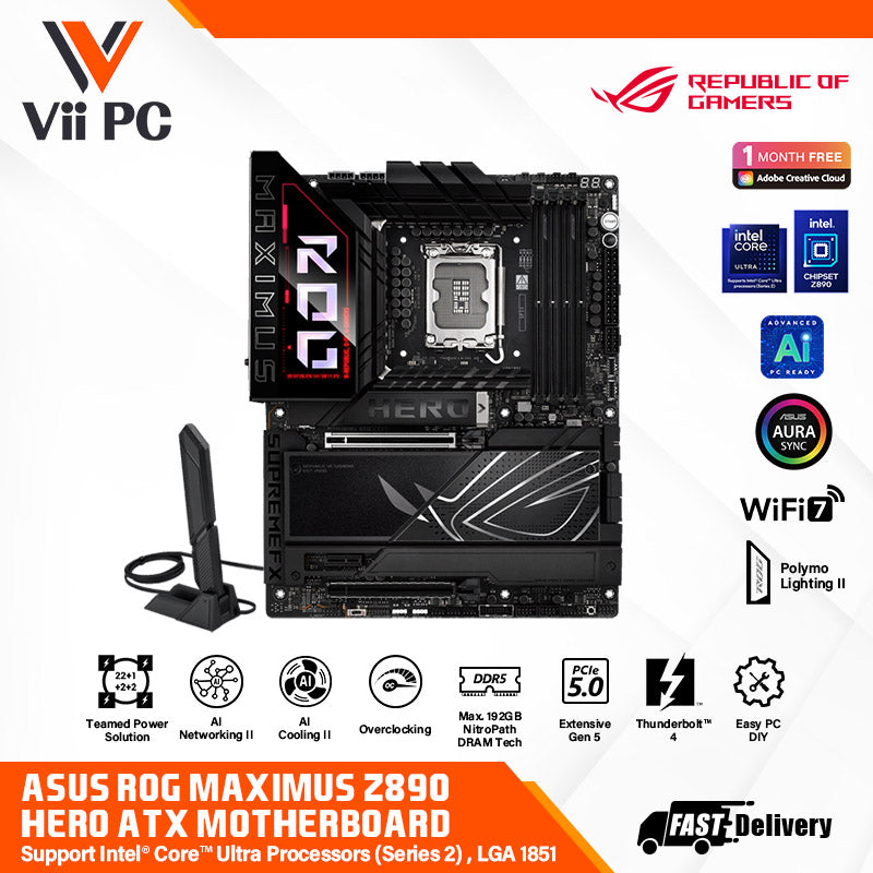 ASUS ROG MAXIMUS Z890 HERO - Support Intel® Core™ Ultra Processors (Series 2), LGA1851, DDR5, AI Networking II, Extensive Gen 5, WIFI 7, Polymo Lighting II - GAMING ATX Motherboard (AI PC Ready)