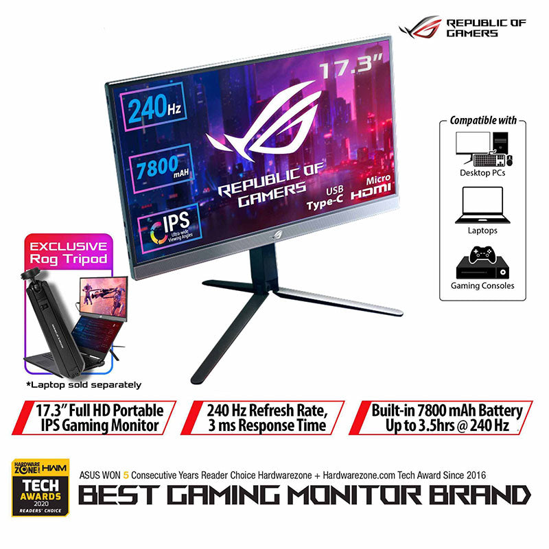 ASUS ROG Strix XG17AHPE / XG17AHP Portable USB Type-C Gaming Monitor – 17.3" IPS, FHD (1920x1080), 240Hz(Above 144Hz), 3ms, Adaptive-sync, Non-Glare, Micro-HDMI, Smart Cover, Eyecare