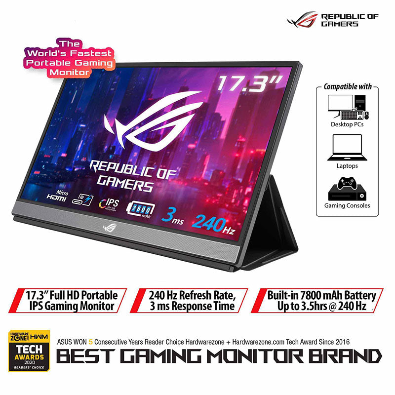 ASUS ROG Strix XG17AHPE / XG17AHP Portable USB Type-C Gaming Monitor – 17.3" IPS, FHD (1920x1080), 240Hz(Above 144Hz), 3ms, Adaptive-sync, Non-Glare, Micro-HDMI, Smart Cover, Eyecare